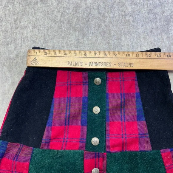 Vintage Mona Mode Suede Wool Plaid Button Front A-Line Skirt Size 10‎ Patchwork - Picture 2 of 7
